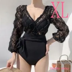【新品】レース　ワンピース　水着　エレガント　大人可愛い　露出少なめ　黒　XL