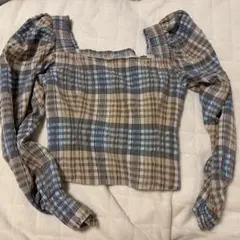 ZARA チェック柄パフスリーブ長袖トップス M