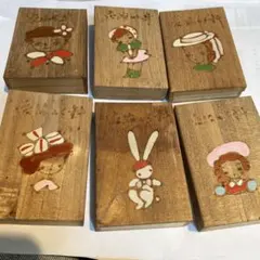 旧い昭和の組み立て木箱入り　みすや縫い針 6箱　和紙に折り鶴　兎　犬　猫　女の子 旧い昭和の組み立て木箱入り みすや縫い針 6箱 和紙に折り鶴 兎