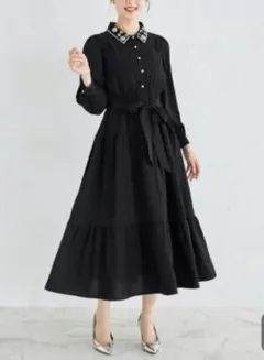 限定出品新品トッコ　ウエストりぼん付きパールビジューティアードシャツワンピース