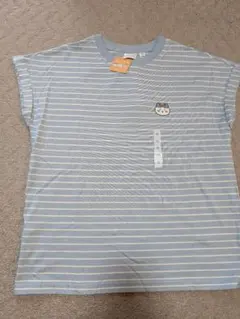 猫刺繍 水色ストライプ Tシャツ M