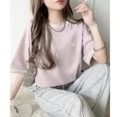 Java 綿100%シルケット 配色刺繍Tシャツ オーバーサイズ ピンク XLのサムネイル