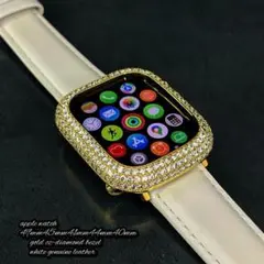 アップルウォッチ用　czベゼル本革ホワイトレザーベルトセット