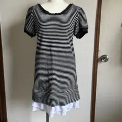 ボーダー柄 半袖 チュニック 重ね着風 Lサイズ バックリボン
