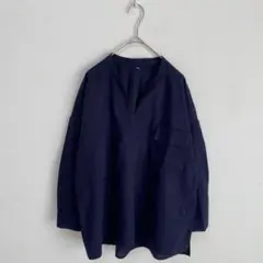 【ikka/イッカ】キーネック　リネン混　プルオーバー　ブラウス【M】紺　綿混のサムネイル