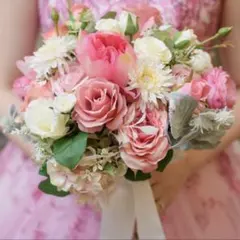 1度のみ使用　ピンク系造花ウェディングブーケ　ブートニア付き