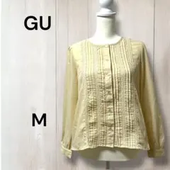 ジーユー　レース付き　ボタンシャツ ブラウス　ノーカラー　長袖　ギャザー入り　M