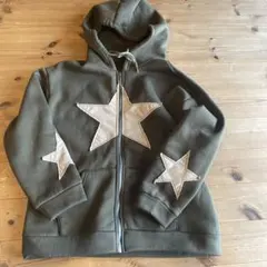 オリーブグリーン 星刺繍 フルジップパーカー　古着　裏起毛　　カーキ