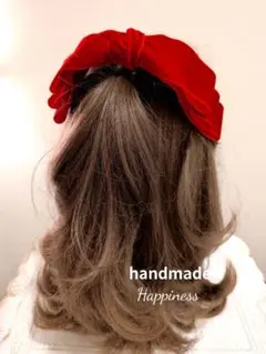 【赤 ベルベット】ビッグリボン(3段)ヘアゴム ヘッドドレス 結婚式