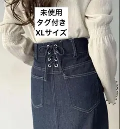 JUNOAH バックレースアップロングデニムスカート　ネイビー　XLのサムネイル
