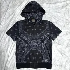 BLACK FLAME 半袖　パーカー　総柄　刺繍　スカル　ドクロ