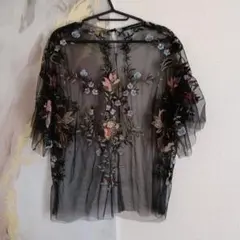 ZARA 刺繍シースルートップス 半袖 刺繍シアートップス 黒