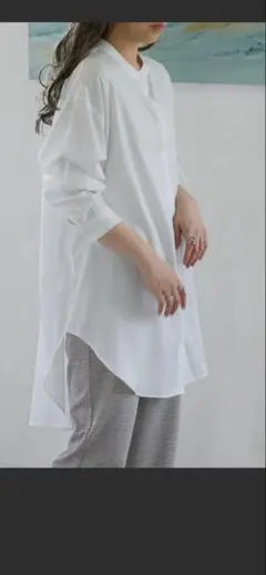 アンブルネージュ　バンドカラールーズチュニックシャツ　白　ロングシャツ