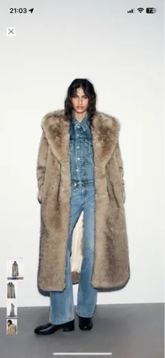 ベージュ フード　ロングファーコート　ZARA