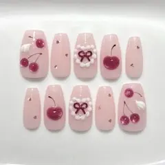 さくらんぼ　ホイップ　ハートホロ　ピンク　ネイルチップ
