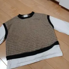 ハウンドトゥース柄 長袖トップス　ロンティー