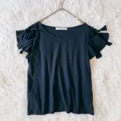 エフデ リボンフリル袖Tシャツ（9）ネイビー コットン100％ フェミニンのサムネイル