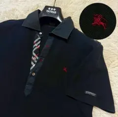 ✨美品/L✨バーバリーブラックレーベル ポロシャツ ノバチェック ドッキング 黒