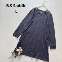 ビーエスサドル 長袖ワンピース チュニック Uネック ボーダー ネイビー L