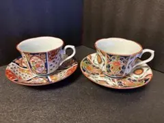 【未使用品】有田焼　金彩古伊万里　清秀窯　ペア珈琲カップ・ソーサー　絵変わり
