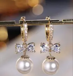 高見え リボン×パール フープピアス 揺れる 上品 韓国 ゴールド 大人可愛い