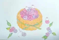 ブルーベリーエシャロット　白い小鳥とうさぎ　ハンドメイド　ポストカード