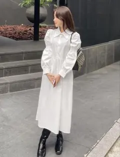 【美品】ホワイト 長袖 シャツワンピース