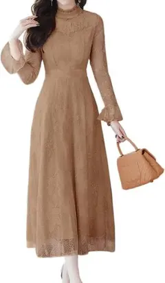 ブラウン レース マキシドレス