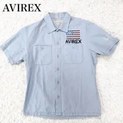 美品　AVIREX リネン混 半袖ワークシャツ 星条旗刺繍 ライトブルー Mのサムネイル
