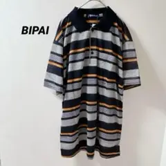 BIPAI 【新品】ストライプ　 半袖　ポロシャツ　黒グレーオレンジ　薄手　M