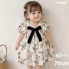 韓国風 花柄 ワンピ パフスリーブ リボン 女の子のサムネイル