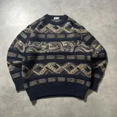 ヴィンテージ ネイビー 総柄 幾何学 デザイン レトロ ニット セーター