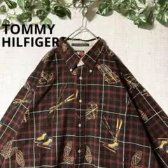 トミーヒルフィガー 総柄 ネルシャツ 綿 赤×黒チェック スキー 大きい XL