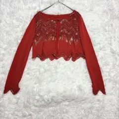 レッド　長袖 ビーズ刺繍 かぎ針編み　カーディガン ボレロ ショート丈