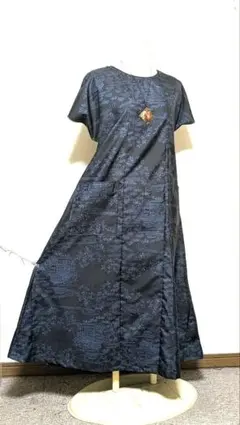 大島絣着物リメイクロングワンピース 418
