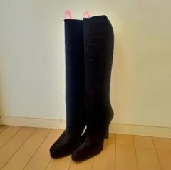 ロングブーツ ハイヒール スエード ストレッチ　厚底　黒　美品
