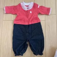 ウサギ刺繍 赤 デニムロンパース 50-60cm