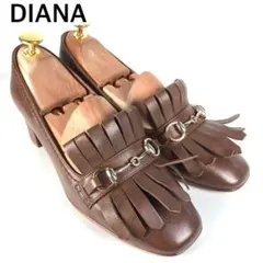 ダイアナ　スクエアトゥチャンキーヒールホースビットキルトレザーローファー　茶