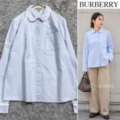 《美品》バーバリー スカラップ レース丸襟 コットン長袖シャツ ブルーのサムネイル