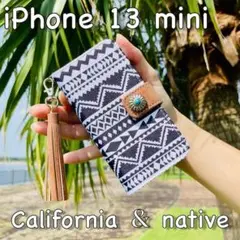 iPhone 13 mini レザーケース☆ネイティブ＆コンチョ＊手帳型カバー