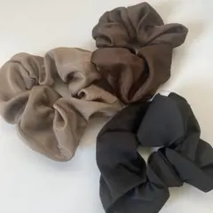 サテン風ヘアシュシュ 3色セット ブラック ブラウン ベージュ