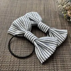 リボン　お揃い　おしゃれ　ヘアゴム　ヘアアクセ　ボーダー柄　グレーブルー　発表会