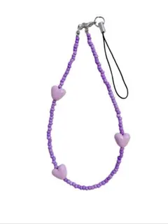 【No.82】ビーズストラップ　紫　ハート　シンプル