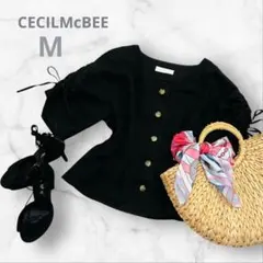 セシルマクビー トップス ペプラム ブラック M ギャザー袖 綿100%