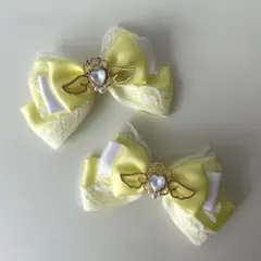黄色リボンヘアクリップ 黄色 リボン レースリボン 天使の羽 ハンドメイド
