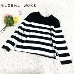 ♡グローバルワーク【S】長袖Tシャツ ケーブルニット ボーダー柄 クールネック