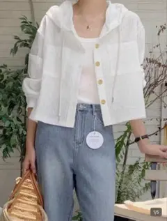 SHEIN 韓国風 フード付き 長袖 シャツ ホワイト ストライプ Mのサムネイル