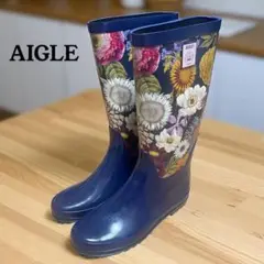 美品」 エーグル AIGLE エリオサ プリント ラバーブーツ NAVY 37