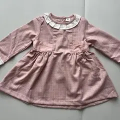 ピンク チェック柄 フリル襟 ワンピース 80