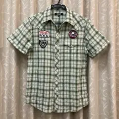 ★《DEELISH》半袖シャツ 緑色 チェック柄 パッチ付き　メンズ　M